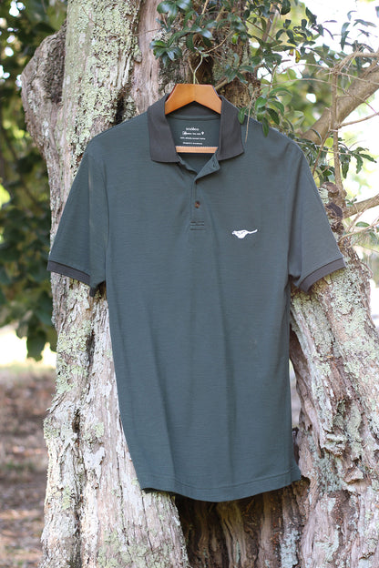 Pine-green-mix-biodegradable-pure-merino-wool-golf-polo-shirt-for men-by-snöleo.-hanging-in-olive-tree