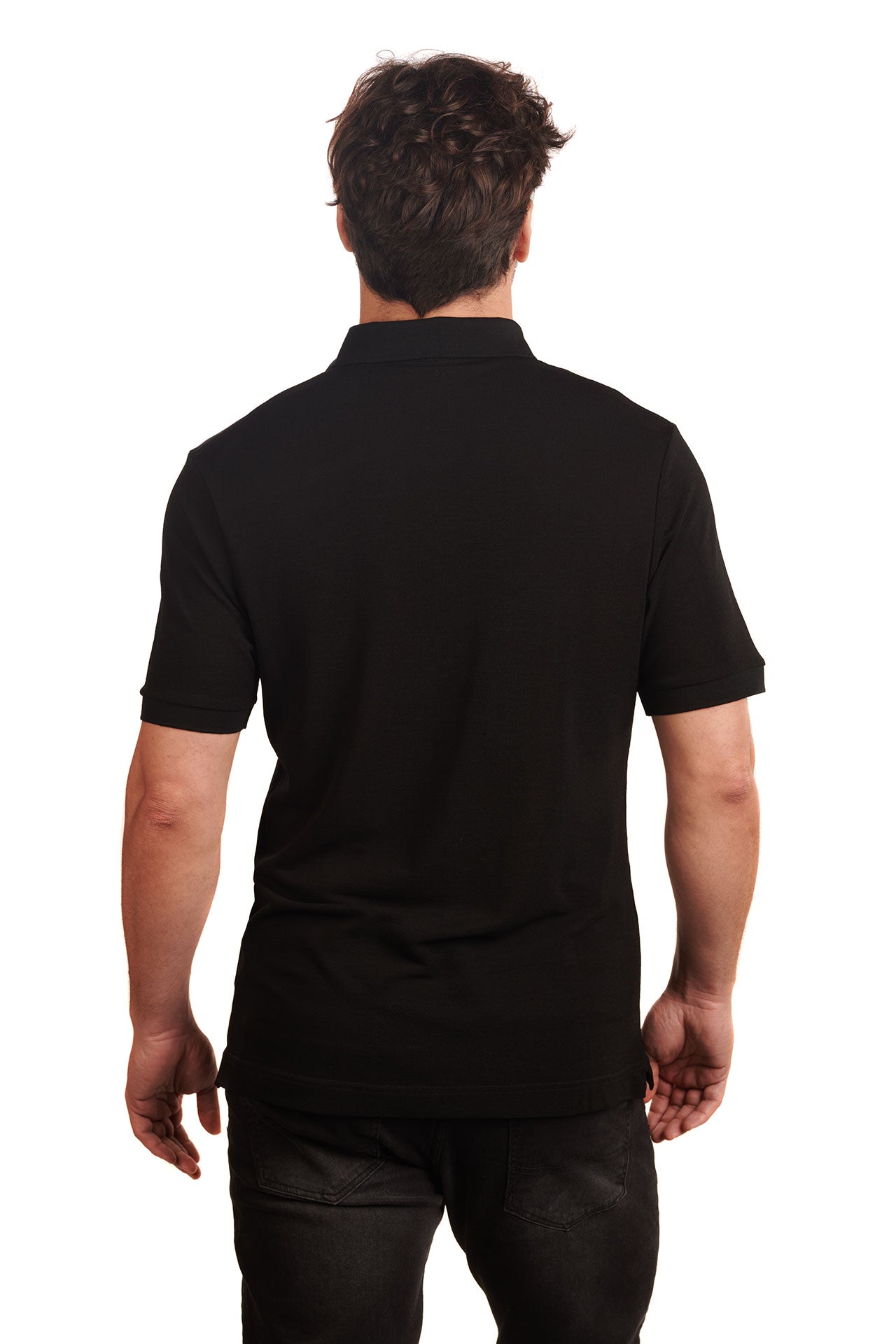pitch-black-biodegradable-pure-merino-wool-golf-polo-shirt-for men-by-snöleo.-back-of-model-view.