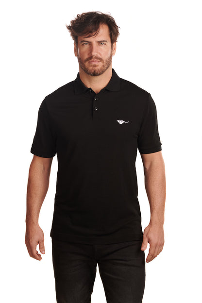 pitch-black-biodegradable-pure-merino-wool-golf-polo-shirt-for men-by-snöleo.-front-of-model-view.