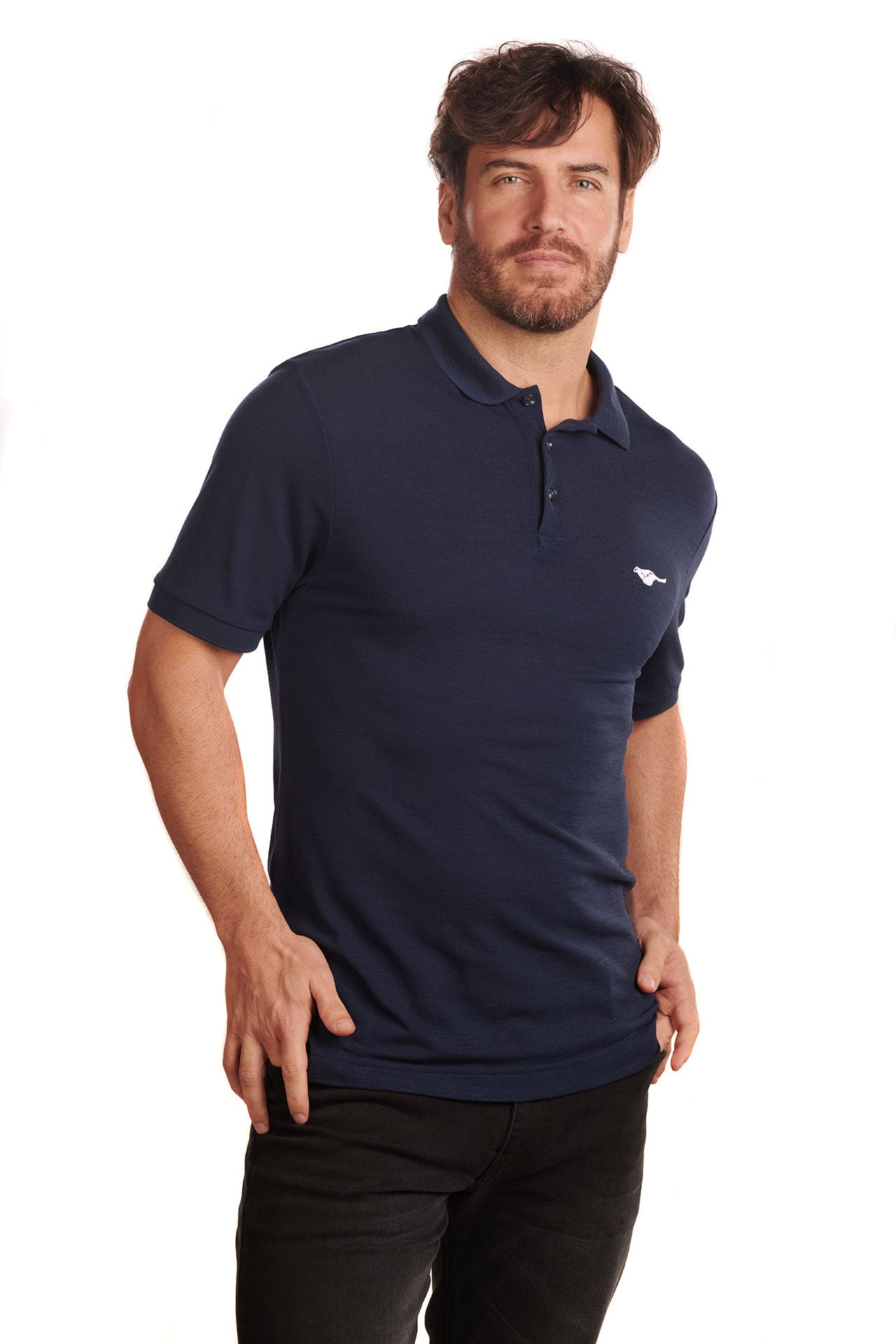 midnight-blue-biodegradable-pure-merino-wool-golf-polo-shirt-for men-by-snöleo.-front-of-model-view.