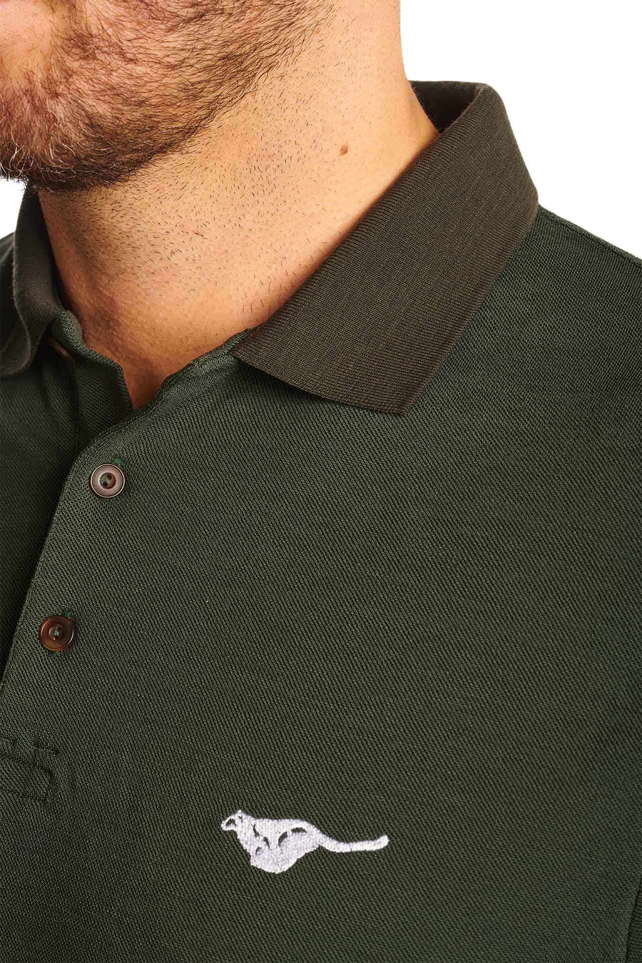 pine-green-mix-biodegradable-pure-merino-wool-golf-polo-shirt-for men-by-snöleo.-collar-model-closeup-view.