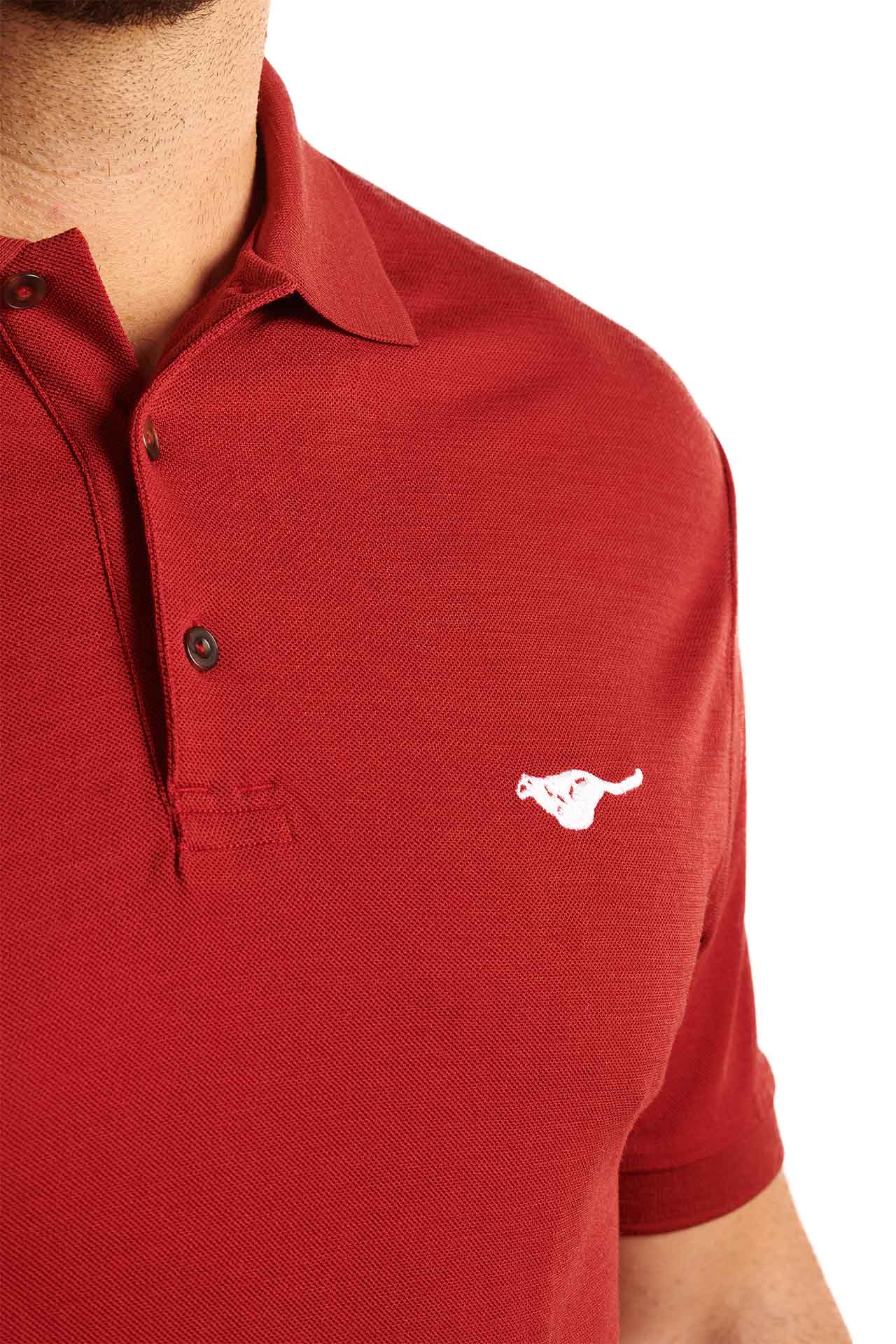 terra-red-biodegradable-pure-merino-wool-golf-polo-shirt-for men-by-snöleo.-collar-model-closeup-view.