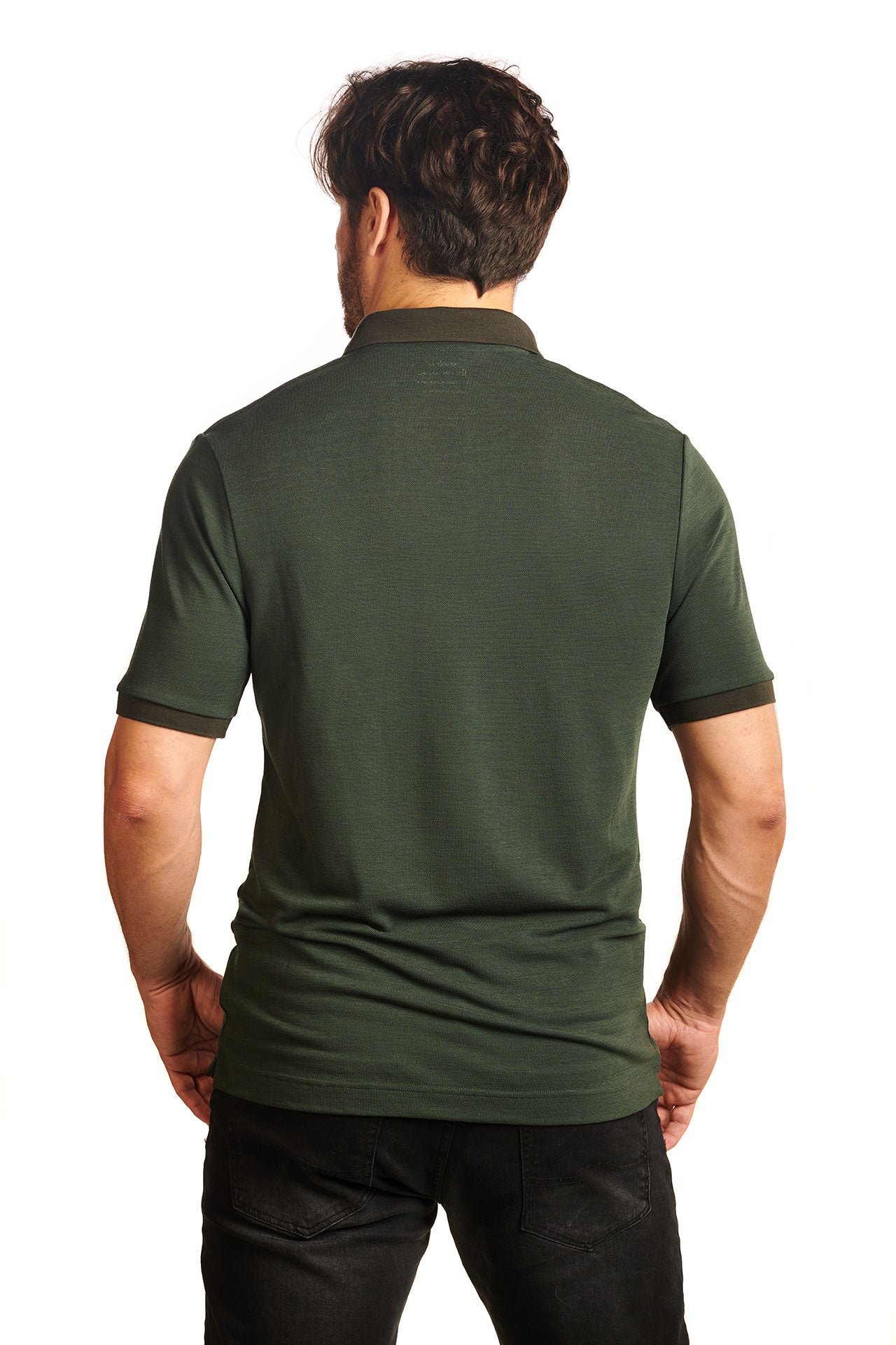 pine-green-mix-biodegradable-pure-merino-wool-golf-polo-shirt-for men-by-snöleo.-back-of-model-view.