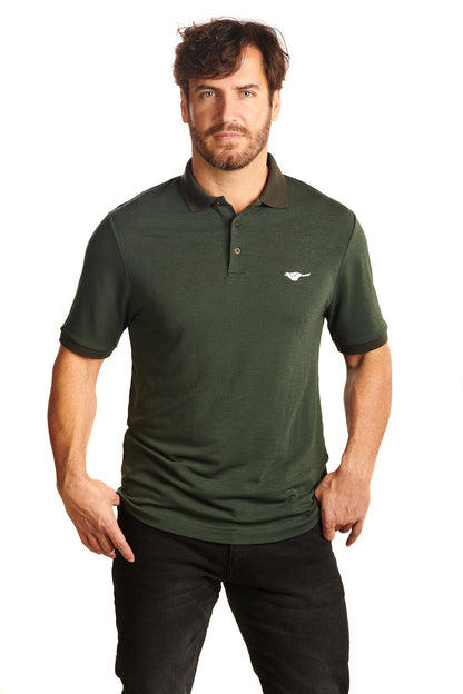 pine-green-mix-biodegradable-pure-merino-wool-golf-polo-shirt-for men-by-snöleo.-front-of-model-view.