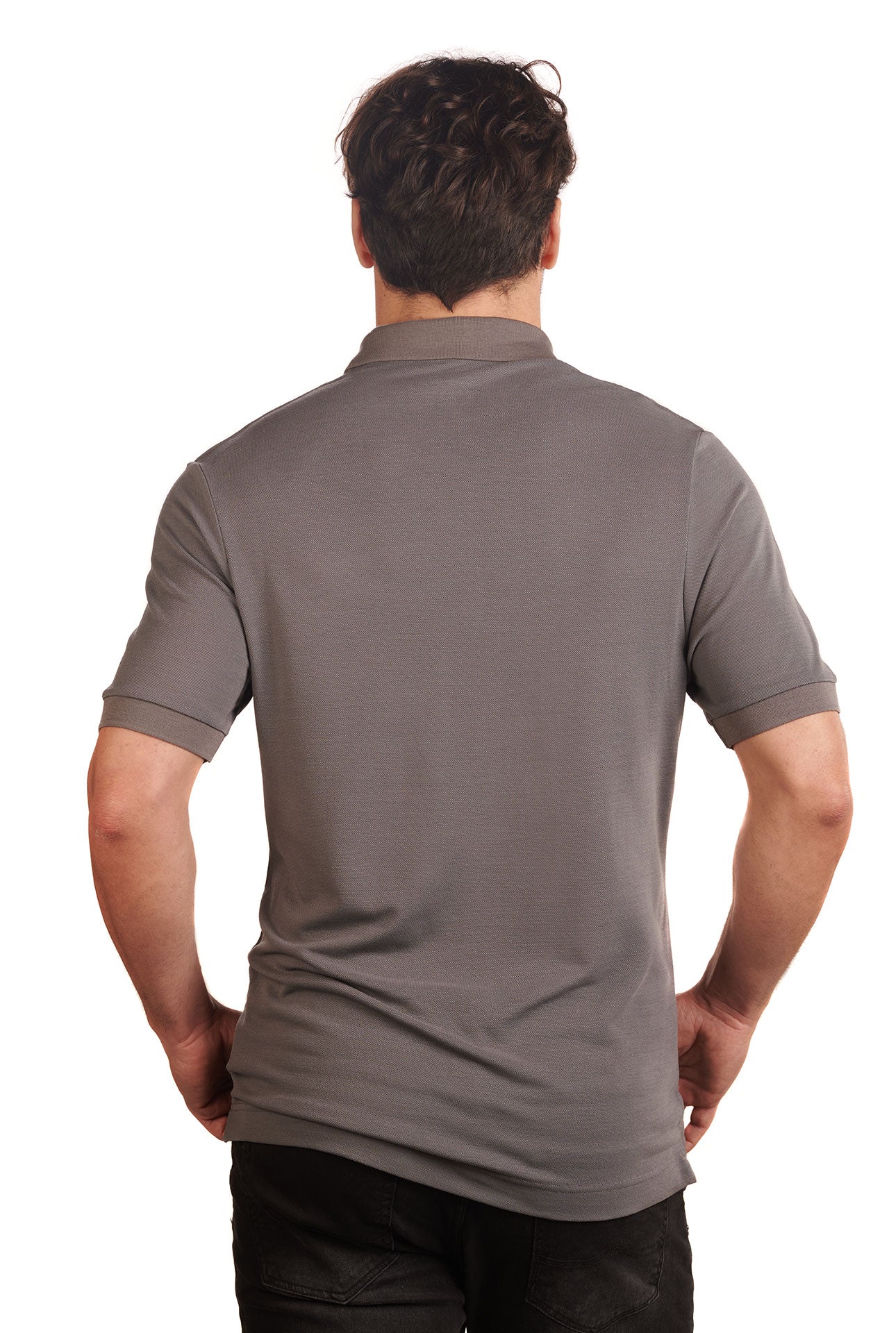granite-grey-biodegradable-pure-merino-wool-golf-polo-shirt-for men-by-snöleo.-back-of-model-view.