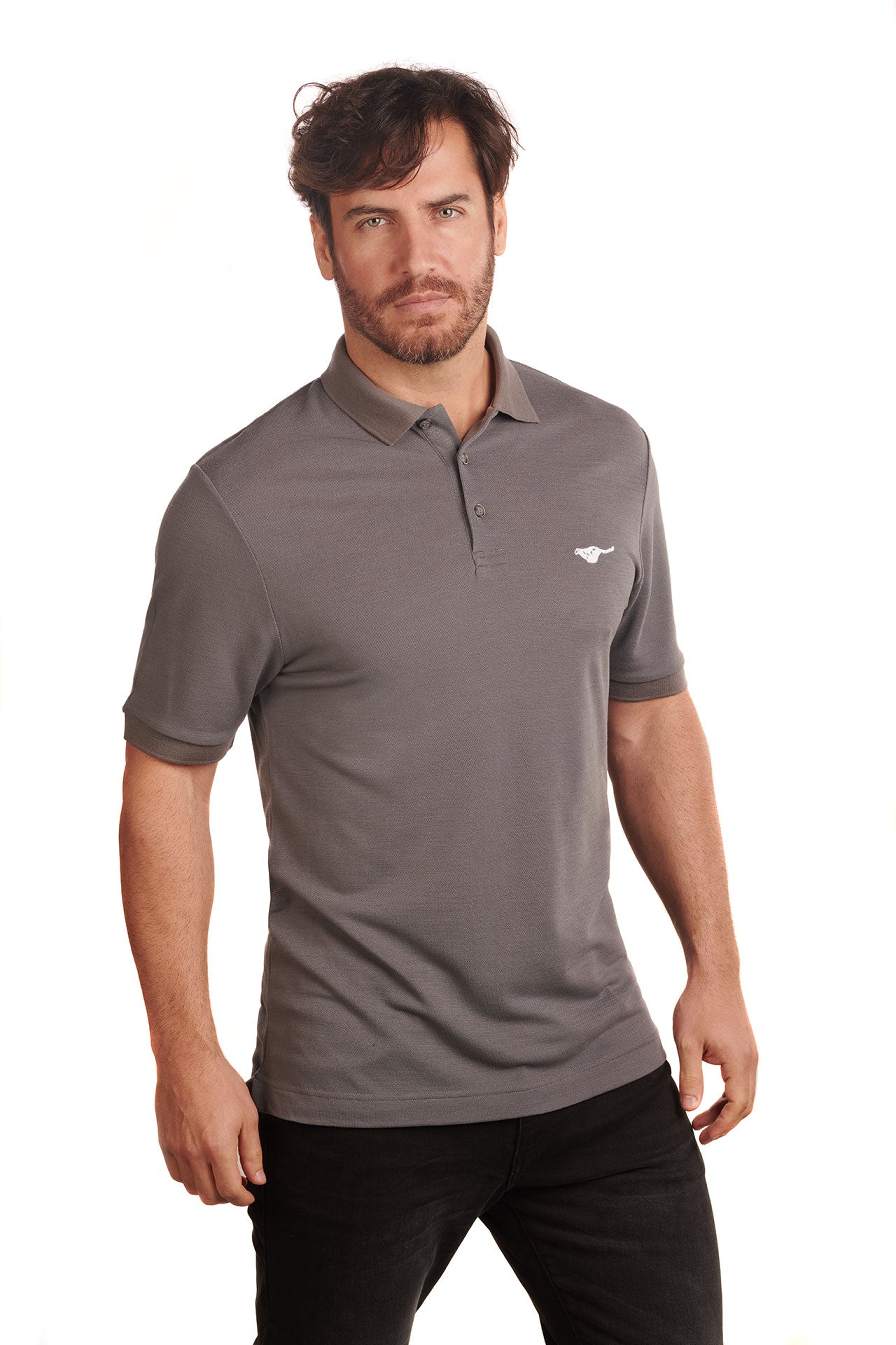 granite-grey-biodegradable-pure-merino-wool-golf-polo-shirt-for men-by-snöleo.-front-of-model-view.