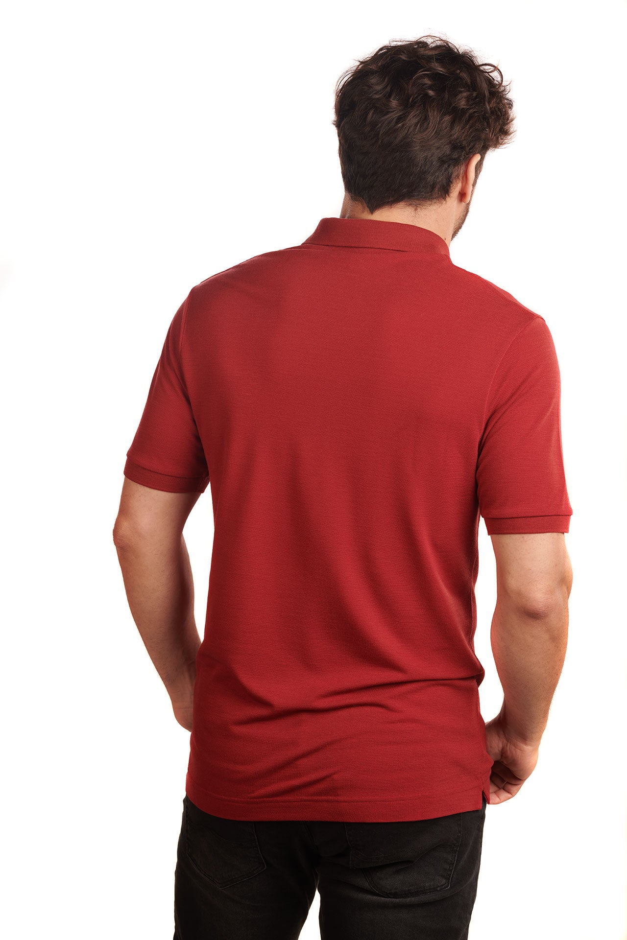 terra-red-biodegradable-pure-merino-wool-golf-polo-shirt-for men-by-snöleo.-back-of-model-view.