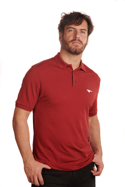 terra-red-biodegradable-pure-merino-wool-golf-polo-shirt-for men-by-snöleo.-front-of-model-view.